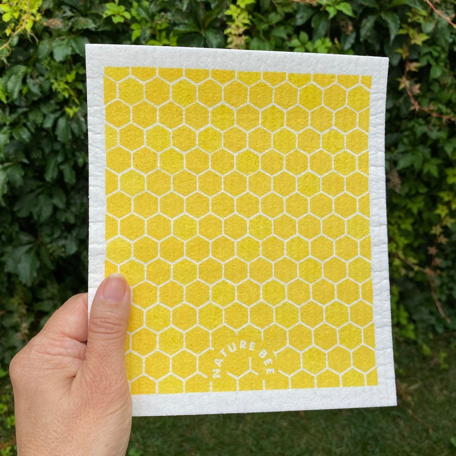 Nature Bee Swedish Bee Sponge Cloth featuring bee and hive illustrations, soft textured, 12x13 inches, eco-friendly