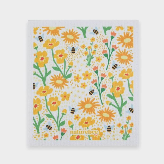 Nature Bee Floral Yellow Sponge Cloth with yellow floral pattern, soft textured surface, absorbent Swedish dish cloth, 12x8
