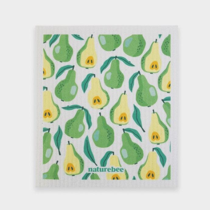 Nature Bee Pears Swedish Sponge Cloth with absorbent cellulose fibers and printed pear design, measuring 12x7 inches.