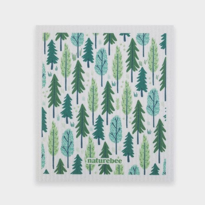 Nature Bee Tree and Bee Design Swedish sponge cloth in green and white, textured cellulose material, 10x7 inches