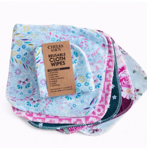Cheeks Ahoy Reusable Cloth Wipes in spring floral pattern with organic cotton texture, vibrant pastel colors, and soft