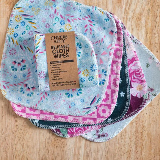 Cheeks Ahoy Reusable Cloth Wipes in spring floral pattern with organic cotton texture, vibrant pastel colors, and soft