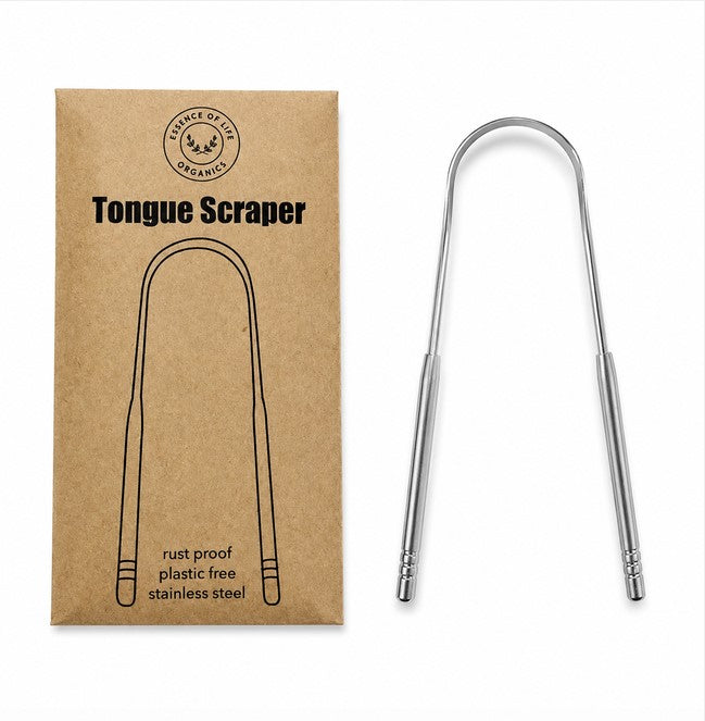 Stainless steel tongue scraper with plastic-free kraft packaging for daily oral care