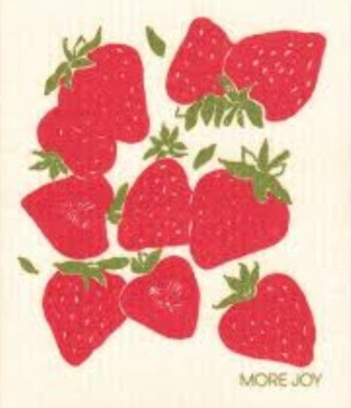 Bright red strawberries printed on biodegradable cellulose and cotton Swedish dishcloth by MORE JOY, 8x8 inches, cheery and