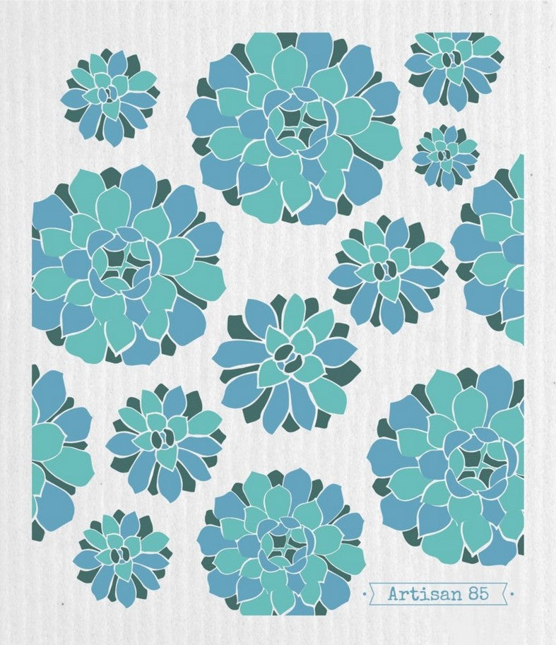Succulent Garden Blue Swedish cloth by Artisan 85 with blue and teal succulent pattern, reusable eco-friendly dishcloth made from cellulose and cotton, compostable kitchen cloth Canada