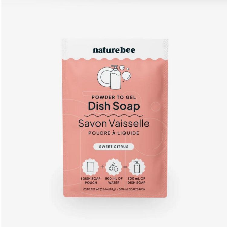 Nature Bee Clean powder to gel dish soap in bright yellow citrus scent, white powder and clear gel container with green label