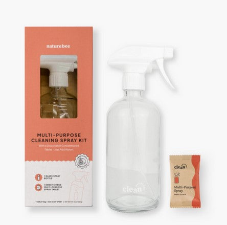 Nature Bee Sweet Citrus multi-surface cleaning spray bottle with translucent plastic, vibrant orange label, and spray nozzle