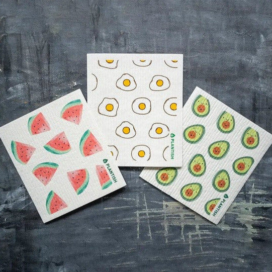 Plantish Sweet Munchies Swedish sponge cloth set featuring avocado and watermelon print, soft cellulose material, 10x8-inch