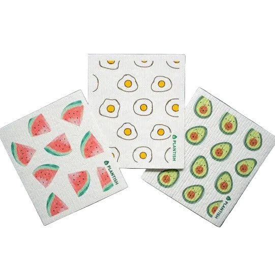 Plantish Sweet Munchies Swedish sponge cloth set featuring avocado and watermelon print, soft cellulose material, 10x8-inch