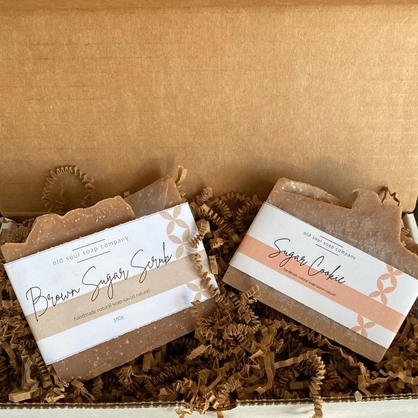Old Soul Soap Company sweet gift set of four handcrafted bar soaps in white, cream, and light brown with textured surfaces