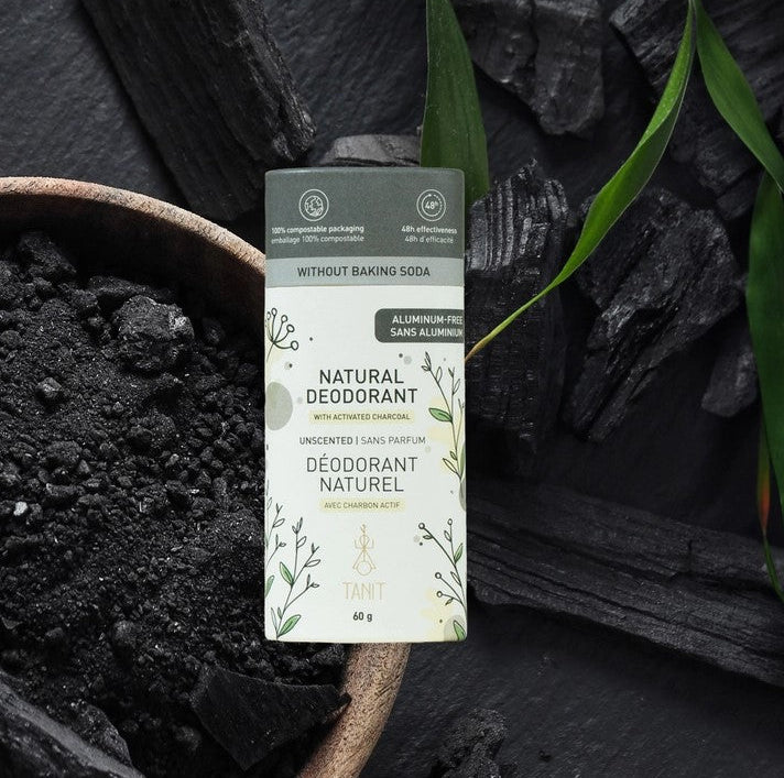 Tanit Unscented activated charcoal natural deodorant with compostable packaging for sensitive skin