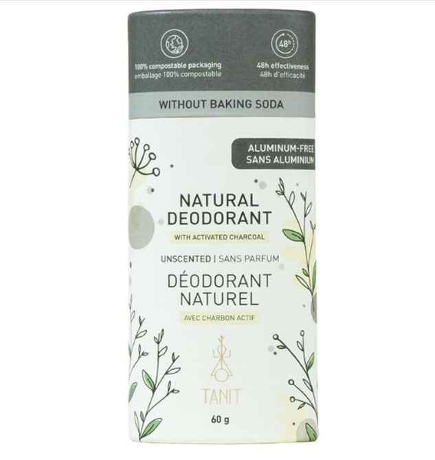 Tanit Unscented natural deodorant with activated charcoal in compostable tube 60 g made in Canada