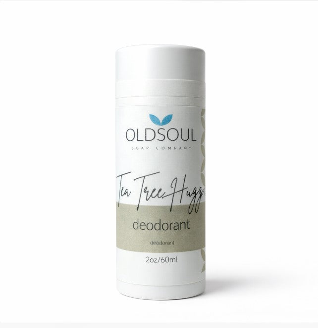 Tea Tree Hugger Natural Deodorant by The Old Soul Soap Company, a Canadian-made aluminum-free deodorant in a compostable cardboard tube scented with tea tree, peppermint, and lavender essential oils.