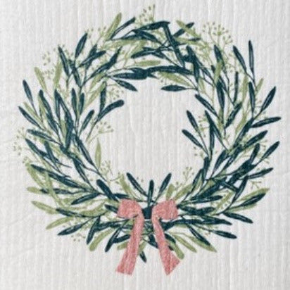 TEN and Co. rosemary wreath sponge cloth with green and white printed botanical design, soft textured Swedish dishcloth