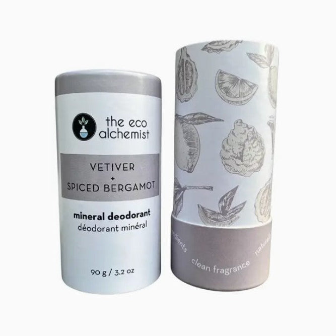 The Eco Alchemist Vetiver Spiced Bergamot Mineral Deodorant 90g with decorative compostable tube and earthy citrus natural fragrance