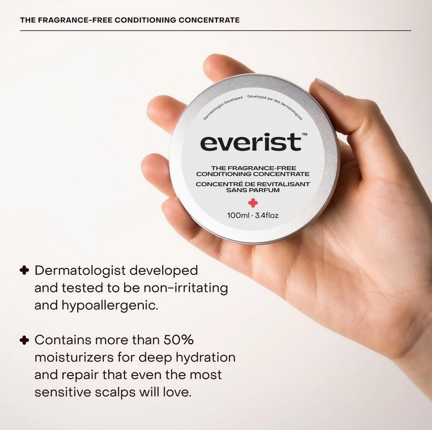 Close-up of Everist Conditioning Concentrate Tin showing minimalist, fragrance-free label and smooth metallic finish from an