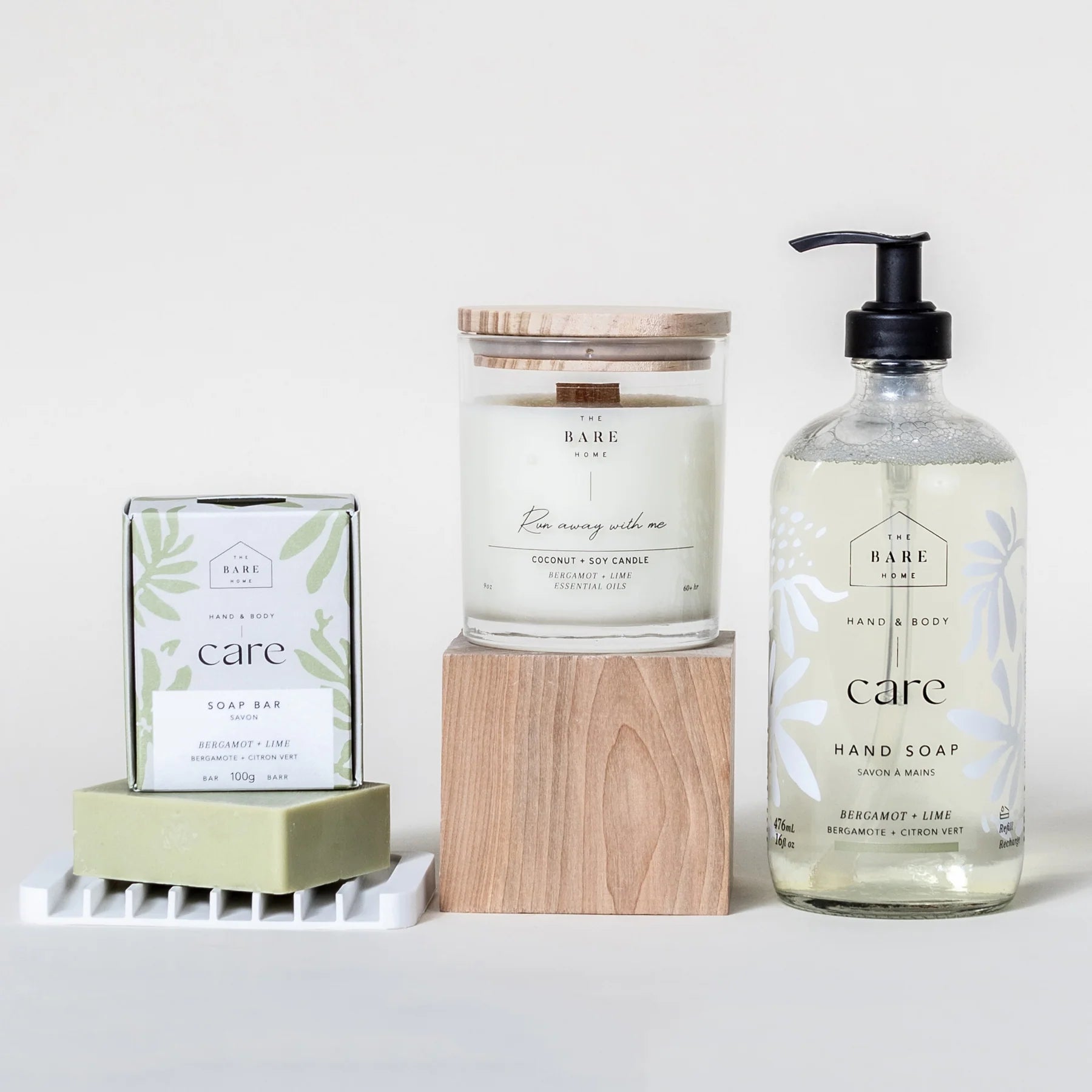 The Bare Home Care Kit - Bergamot Lime with soy candle and soap set in eco-friendly packaging, Canadian-made, fresh citrus
