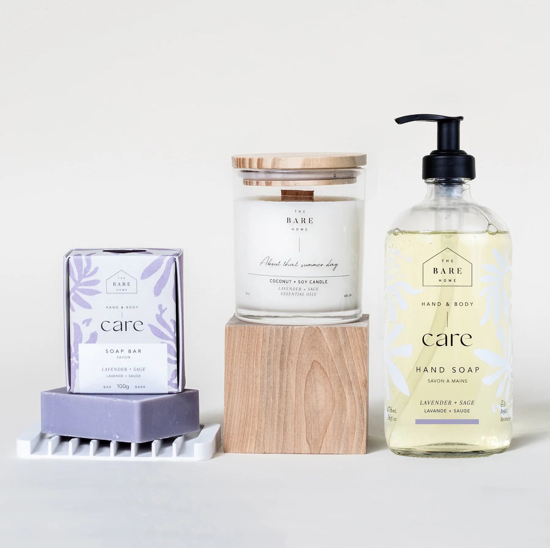 The Bare Home Care Kit - Lavender Sage set with hand-poured soy candle and artisan soap in muted lavender and sage green