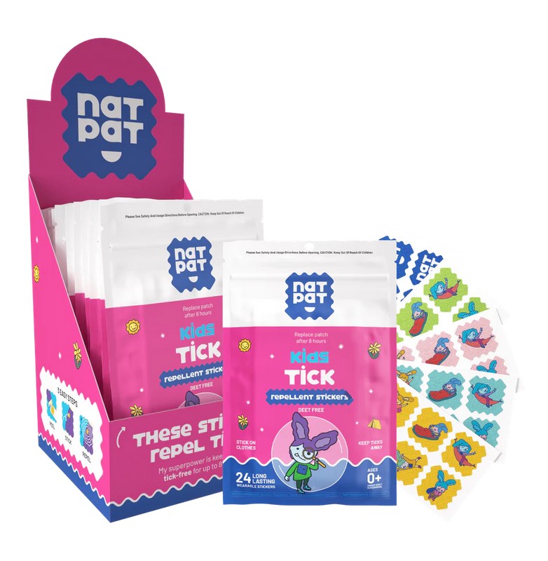 Close-up of the NATPAT Kids Tick Repellent Stickers showing the colorful adhesive backing and textured surface design