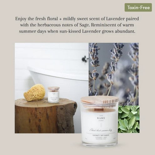 Close-up of lavender and sage botanical label on candle jar with textured label background and subtle floral accents