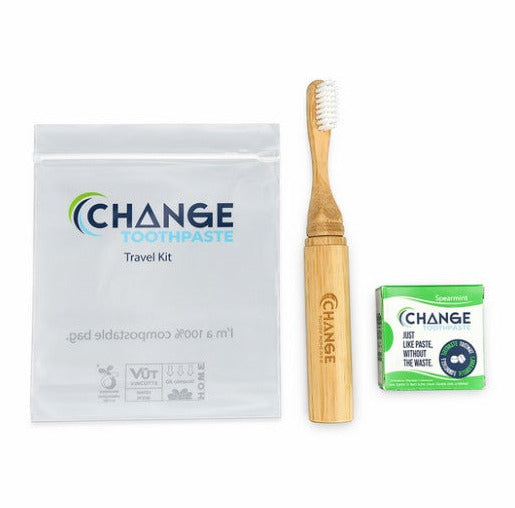 Change Toothpaste spearmint travel kit bamboo toothbrush toothpaste tablets aluminum tin eco friendly zero waste oral care set