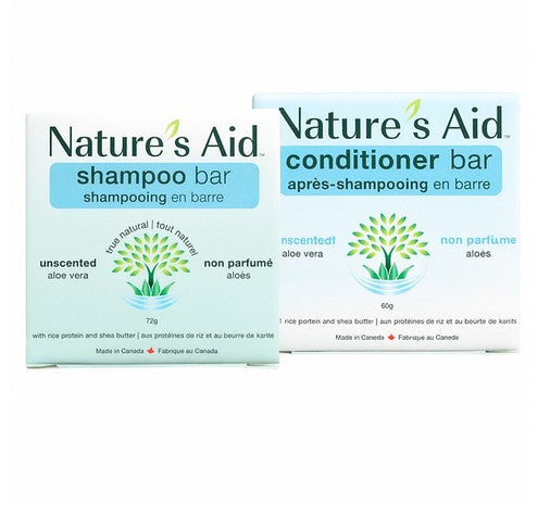 Nature's Aid unscented shampoo and conditioner bar set with smooth, solid texture, made in Canada for gentle hair care