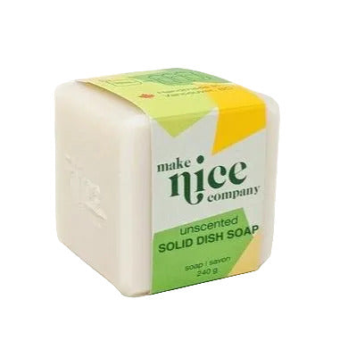 Unscented solid dish soap bar made of biodegradable ingredients, beige color, textured surface, from Make Nice Company