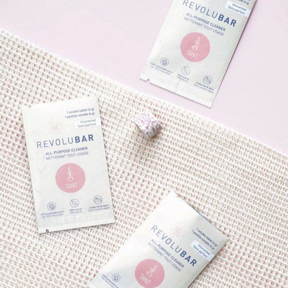 Revolubar tablet packaging close-up highlighting easy-to-read label and compact design for household storage