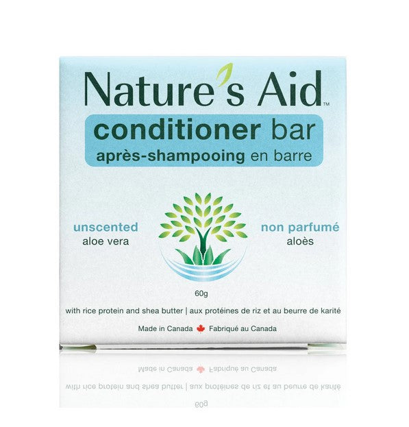 Nature's Aid Unscented Aloe Vera Conditioner Bar showing smooth, fragrance-free, aloe-infused formula in eco-friendly