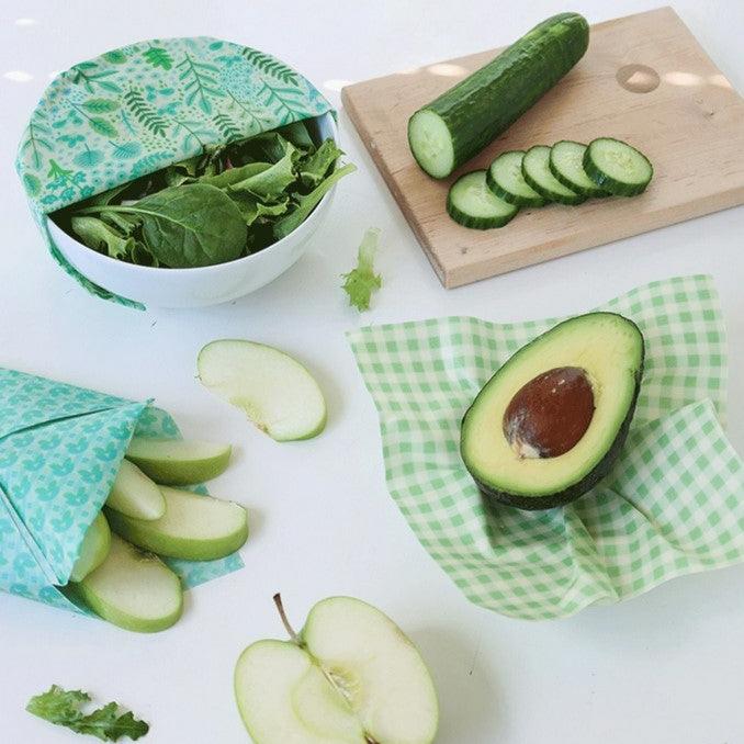 Close-up of the colorful, crinkled texture of the grass-fed beeswax wrap’s patterned surface, showcasing artisan