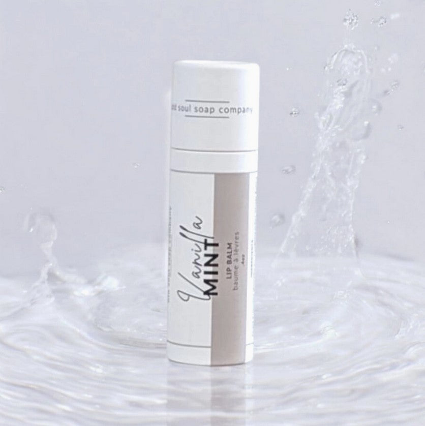 Vanilla Mint lip balm in compostable tube by Old Soul Soap Company, natural, lightly flavoured, made in Canada with clean