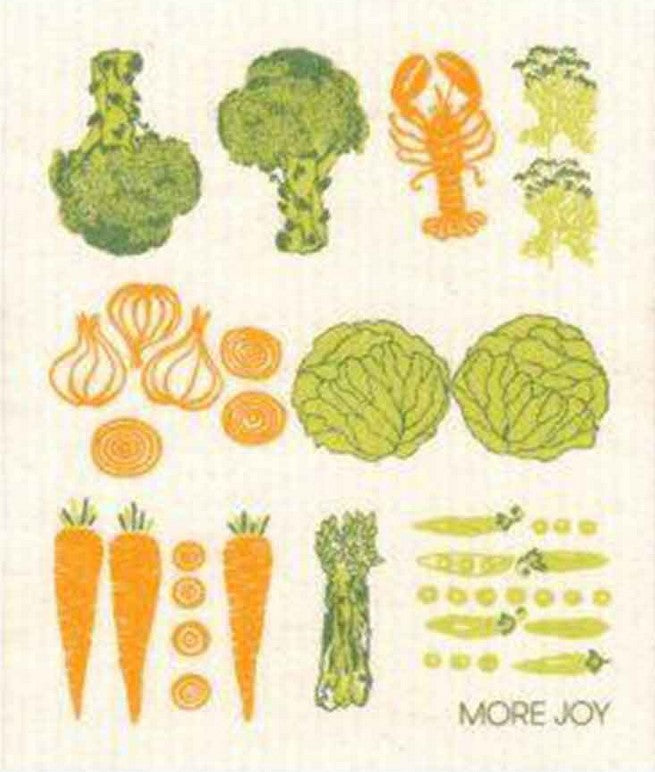 Vegetables More Joy Swedish dishcloth made of biodegradable cellulose and cotton, colorful vegetable print, 6x6 inches
