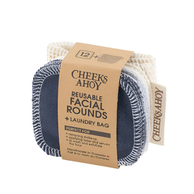 Cheeks Ahoy reusable facial rounds in warm, neutral, charcoal colors with soft, textured cloth surfaces, 3-inch diameter