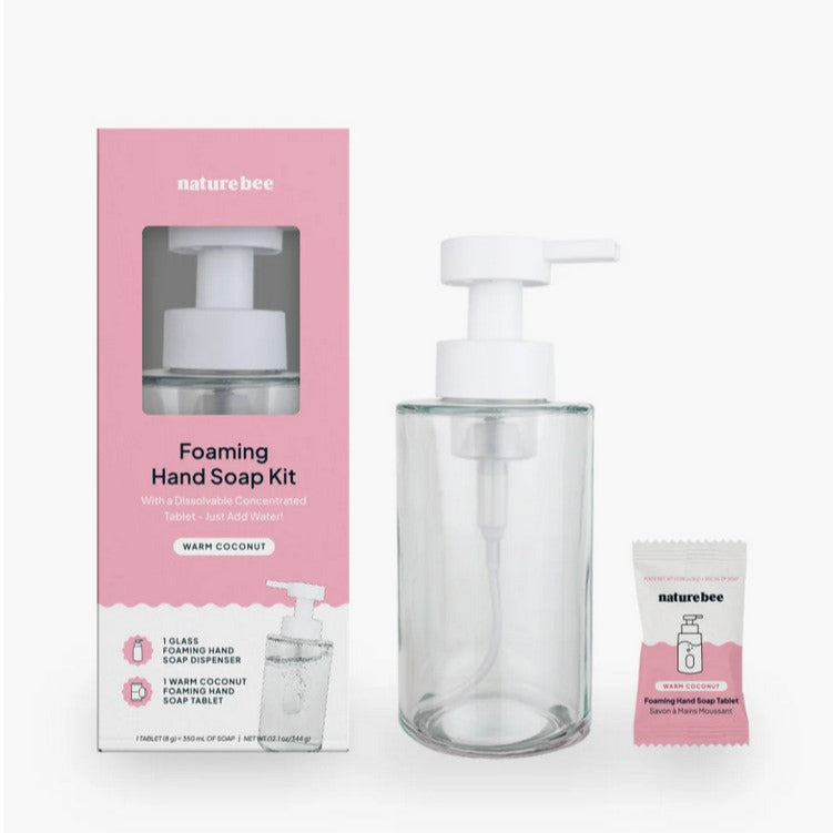 Nature Bee Warm Coconut Foaming Hand Soap kit with two white plastic bottles, pump dispensers, and a natural brown outer box