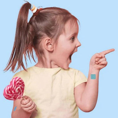 Close-up of the NATPAT Itch Relief Stickers for Kids showing textured adhesive backing and vibrant safety warning label