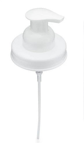 White Jarmazing mason jar foaming soap dispenser lid with long dip tube for DIY foaming hand soap tablets from myni, Nature Bee, and Revolubar Home.