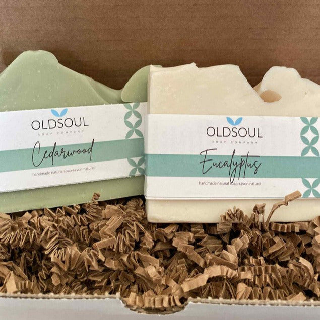 Winter white and green soap bars with textured surfaces in a kraft paper box, labeled with Simply Natural Canada branding