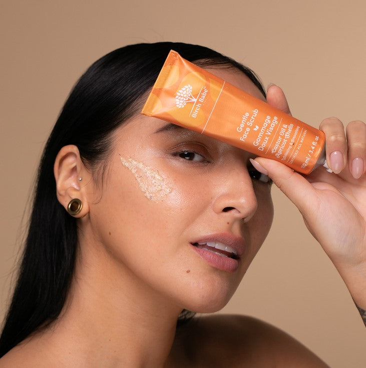 Close-up of the Gentle Face Scrub’s textured, exfoliating formula with visible salt crystals and a soft, inviting scent