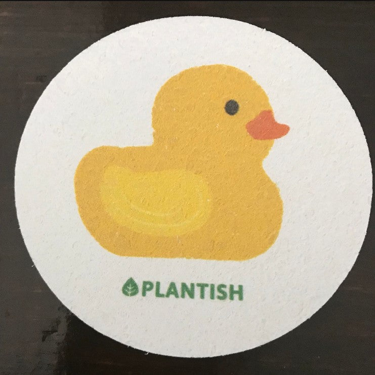 Plantish yellow ducky pop-up sponge made of cellulose, compact size, textured surface, with a flexible pop-up mechanism for