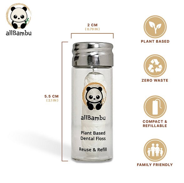 Close-up of the eco-friendly hemp dental floss spool with vibrant strawberry bubble gum scent label and textured twisted