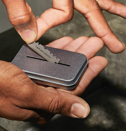 Leaf stainless steel blade recycling tin with engraved leaf design for storing used razor blades safely