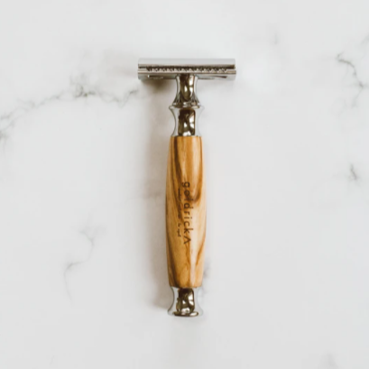 Goldrick Natural Living reusable olive wood safety razor with textured wood handle and stainless steel head for eco-friendly