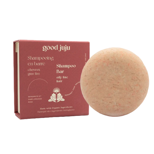 Good Juju bergamot and pink grapefruit shampoo bar for fine oily hair, natural scent, firm texture, Canadian-made, 3 oz