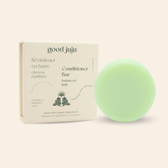 Good Juju conditioner bar for normal, balanced hair with lemongrass aroma, smooth texture, and eco-friendly Canadian-made