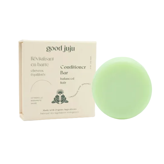 Good Juju conditioner bar for normal, balanced hair with lemongrass aroma, smooth texture, and eco-friendly Canadian-made