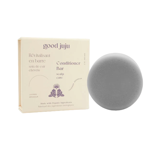 Good Juju scalp care conditioner bar with floral scent, creamy texture, and Canadian-made formula for irritated and itchy