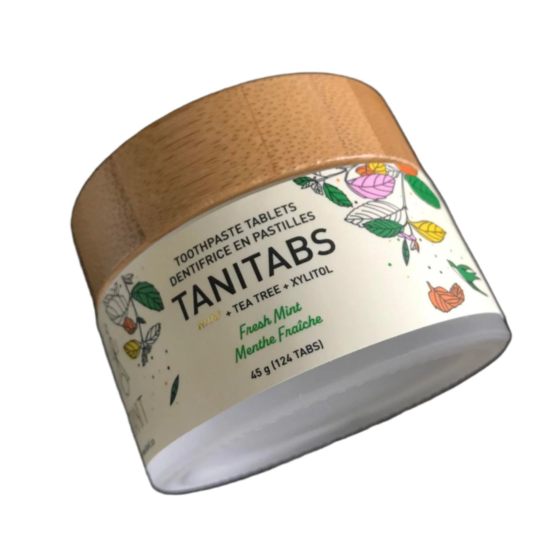 TANITABS Fresh Mint Toothpaste Tablets in white plastic container with 124 tablets and green label, Canadian-made oral care