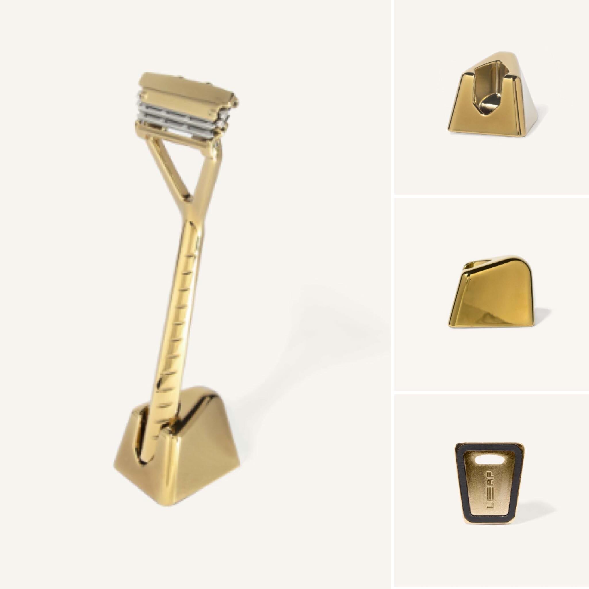 Close-up of the Gold Leaf Razor Stand’s hammered gold surface with intricate leaf detailing and subtle reflective sheen from