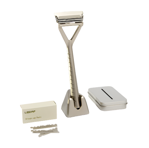 Leaf Silver Razor Kit with textured stainless steel handle and adjustable razor head, includes sleek silver safety razor and
