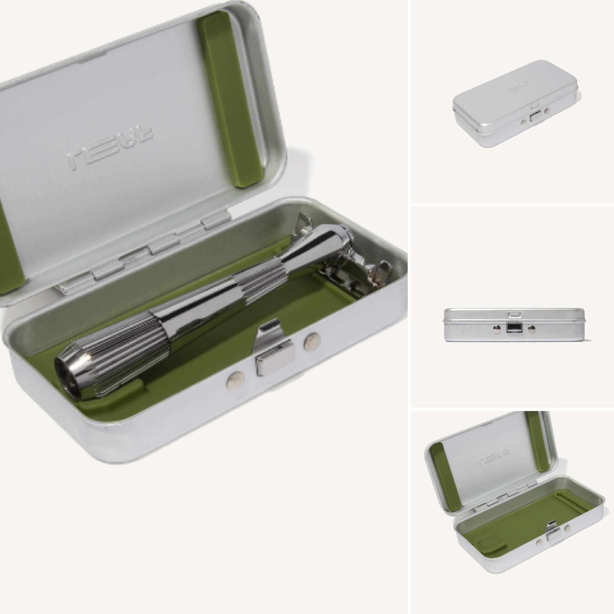 Close-up of the Twig and Thorn razor blade with textured titanium surface and printed branding detail